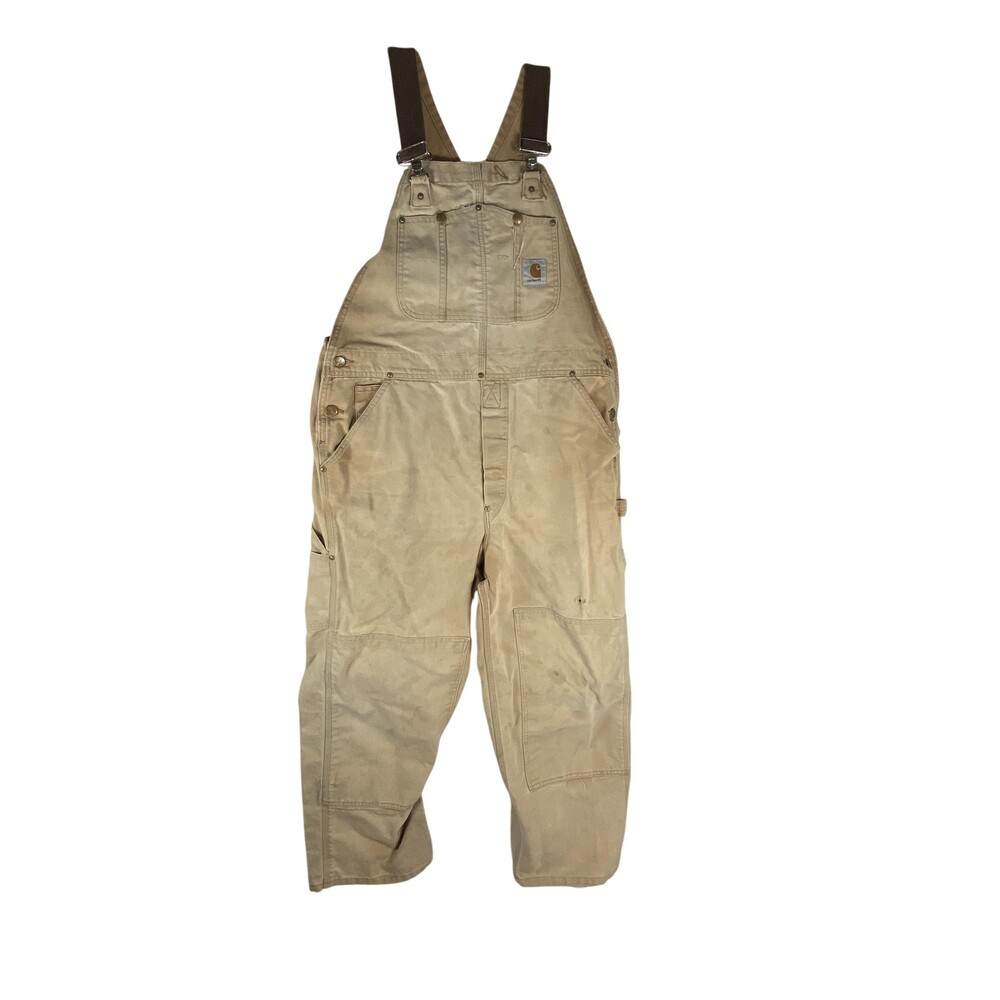 Carhartt Duck Bib Overalls Mens 40x27 Tan Canvas Double Knee Carpenter Workwear